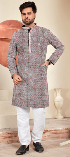 Black and Grey color Kurta Pyjamas in Rayon fabric with Embroidered, Resham, Thread work