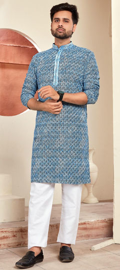 Blue color Kurta Pyjamas in Rayon fabric with Embroidered, Resham, Thread work