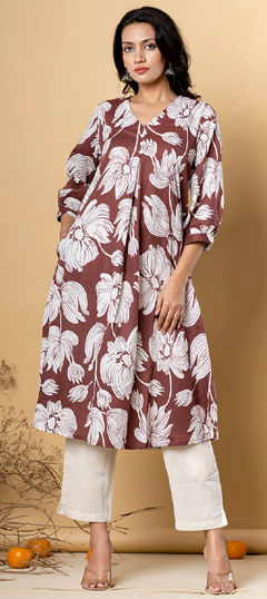 Beige and Brown color Salwar Kameez in Cotton fabric with Floral, Printed work