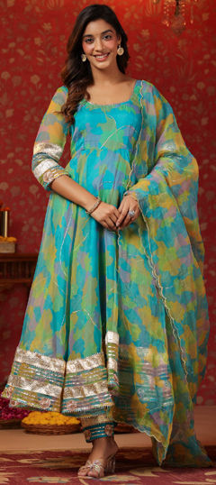 Blue color Salwar Kameez in Organza Silk fabric with Gota Patti, Printed work