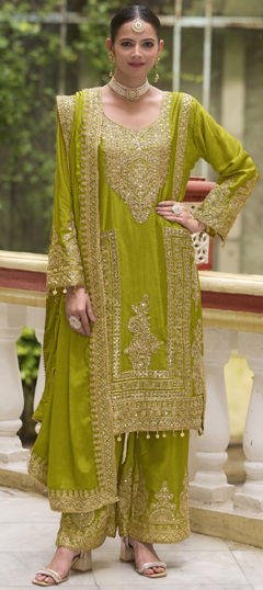 Green color Salwar Kameez in Silk fabric with Embroidered, Mirror, Sequence, Thread, Zari work