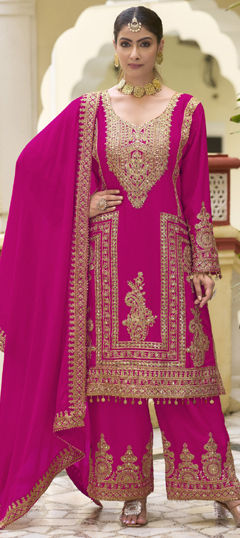 Pink and Majenta color Salwar Kameez in Silk fabric with Embroidered, Mirror, Sequence, Thread, Zari work