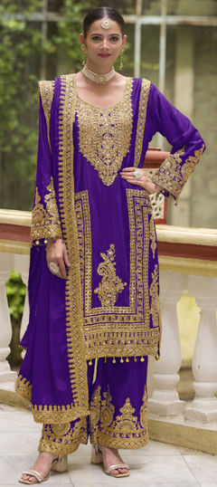 Purple and Violet color Salwar Kameez in Silk fabric with Embroidered, Mirror, Sequence, Thread, Zari work