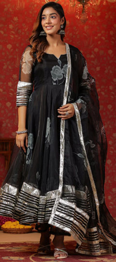 Black and Grey color Salwar Kameez in Organza Silk fabric with Lace, Printed work