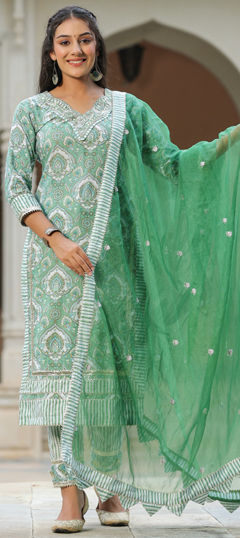 Green color Salwar Kameez in Cotton fabric with Embroidered, Printed, Thread work