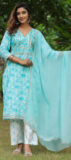Blue color Salwar Kameez in Cotton fabric with Embroidered, Floral, Printed, Thread work