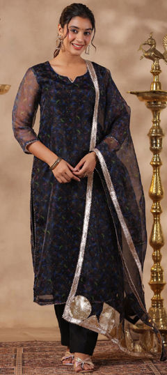Black and Grey color Salwar Kameez in Organza Silk fabric with Printed work