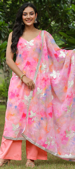Pink and Majenta color Salwar Kameez in Georgette fabric with Embroidered, Thread work