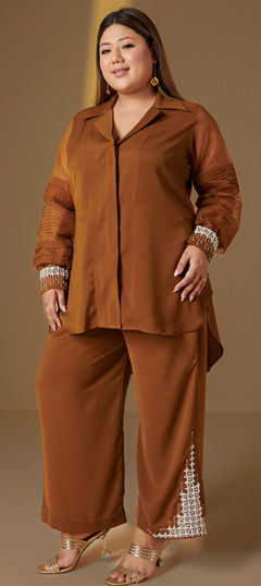 Beige and Brown color Co-ords Set in Crepe Silk fabric with Bugle Beads work