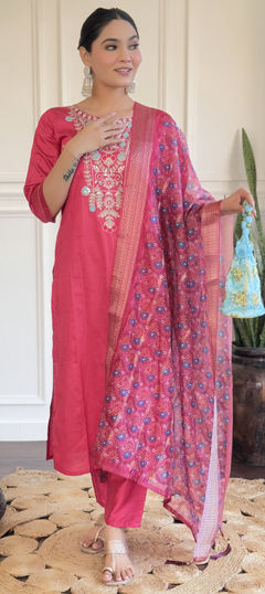 Pink and Majenta color Salwar Kameez in Chanderi Silk fabric with Embroidered work