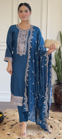 Blue color Salwar Kameez in Silk fabric with Embroidered, Sequence, Thread work