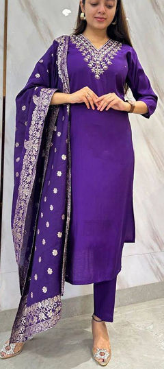 Purple and Violet color Salwar Kameez in Chanderi Silk fabric with Embroidered, Sequence, Thread work