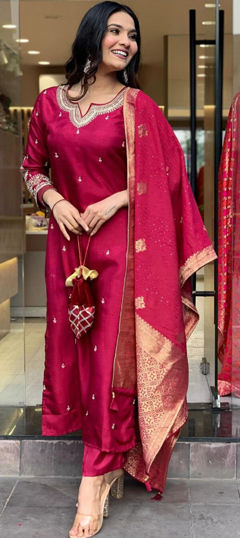 Pink and Majenta color Salwar Kameez in Chanderi Silk fabric with Embroidered, Sequence, Thread work