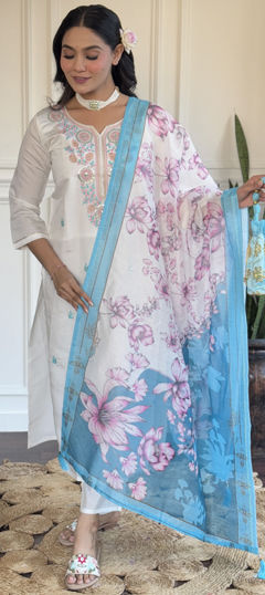 White and Off White color Salwar Kameez in Chanderi Silk fabric with Embroidered, Sequence, Thread work