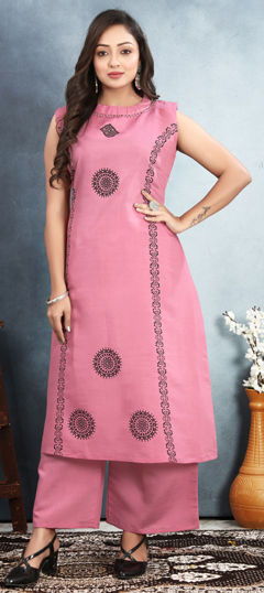 Pink and Majenta color Salwar Kameez in Silk fabric with Printed work