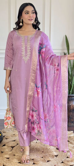 Pink and Majenta color Salwar Kameez in Chanderi Silk fabric with Embroidered, Sequence, Thread work