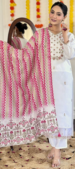 White and Off White color Salwar Kameez in Chanderi Silk fabric with Embroidered, Sequence, Thread work