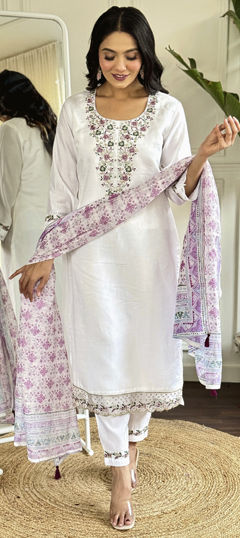White and Off White color Salwar Kameez in Chanderi Silk fabric with Embroidered, Sequence, Thread work