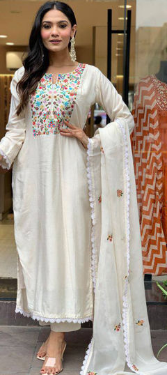 White and Off White color Salwar Kameez in Chanderi Silk fabric with Embroidered, Sequence, Thread work
