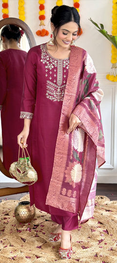Pink and Majenta color Salwar Kameez in Chanderi Silk fabric with Embroidered, Sequence, Thread work