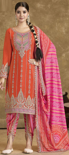 Orange color Salwar Kameez in Silk fabric with Bandhej, Digital Print, Embroidered, Mirror, Thread, Zari work