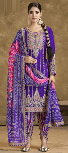 Purple and Violet color Salwar Kameez in Silk fabric with Bandhej, Digital Print, Embroidered, Mirror, Thread, Zari work