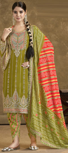 Green color Salwar Kameez in Silk fabric with Bandhej, Digital Print, Embroidered, Mirror, Thread, Zari work