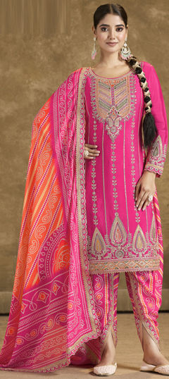 Pink and Majenta color Salwar Kameez in Silk fabric with Bandhej, Digital Print, Embroidered, Mirror, Thread, Zari work