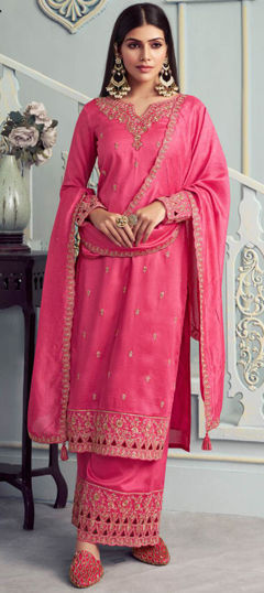 Pink and Majenta color Salwar Kameez in Georgette fabric with Embroidered, Thread work