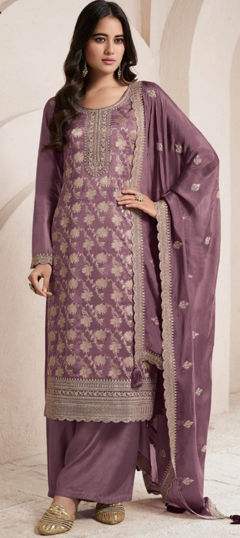 Purple and Violet color Salwar Kameez in Jacquard fabric with Embroidered, Thread, Weaving, Zari work