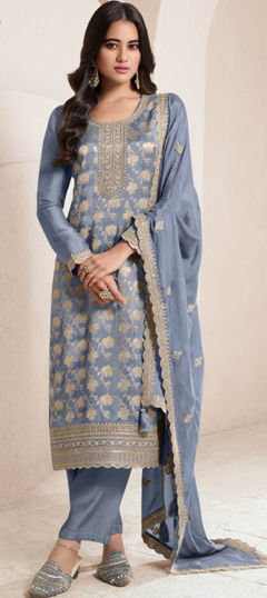 Black and Grey color Salwar Kameez in Jacquard fabric with Embroidered, Thread, Weaving, Zari work