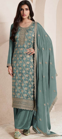 Green color Salwar Kameez in Jacquard fabric with Embroidered, Thread, Weaving, Zari work