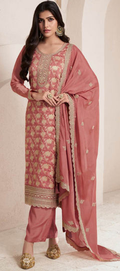 Beige and Brown color Salwar Kameez in Jacquard fabric with Embroidered, Thread, Weaving, Zari work