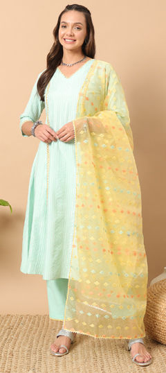 Green color Salwar Kameez in Cotton fabric with Embroidered, Thread work