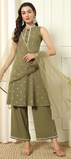 Green color Salwar Kameez in Crepe Silk fabric with Embroidered, Thread work