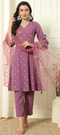 Purple and Violet color Salwar Kameez in Crepe Silk fabric with Embroidered, Thread work