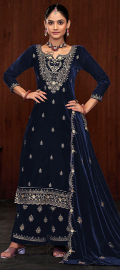 Blue color Salwar Kameez in Velvet fabric with Embroidered, Sequence, Thread, Zari work