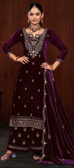 Purple and Violet color Salwar Kameez in Velvet fabric with Embroidered, Sequence, Thread, Zari work