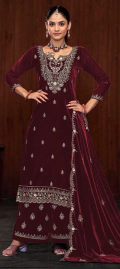 Pink and Majenta color Salwar Kameez in Velvet fabric with Embroidered, Sequence, Thread, Zari work