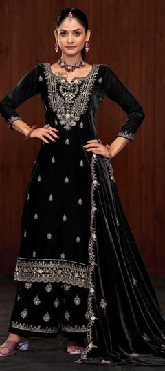 Black and Grey color Salwar Kameez in Velvet fabric with Embroidered, Sequence, Thread, Zari work