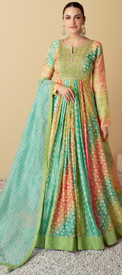 Multicolor color Gown in Muslin fabric with Embroidered, Patch, Printed, Resham, Thread work