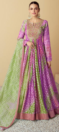 Multicolor color Gown in Muslin fabric with Embroidered, Patch, Printed, Resham, Thread work