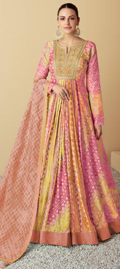 Multicolor color Gown in Muslin fabric with Embroidered, Patch, Printed, Resham, Thread work