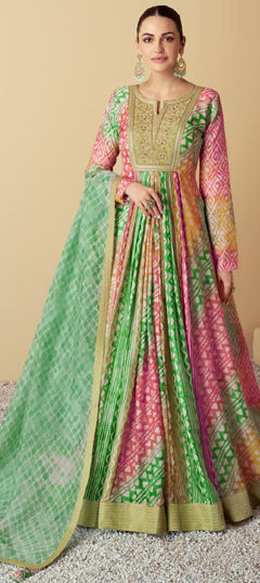 Multicolor color Gown in Muslin fabric with Embroidered, Patch, Printed, Resham, Thread work