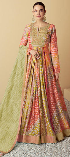 Multicolor color Gown in Muslin fabric with Embroidered, Patch, Printed, Resham, Thread work