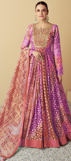 Multicolor color Gown in Muslin fabric with Embroidered, Patch, Printed, Resham, Thread work
