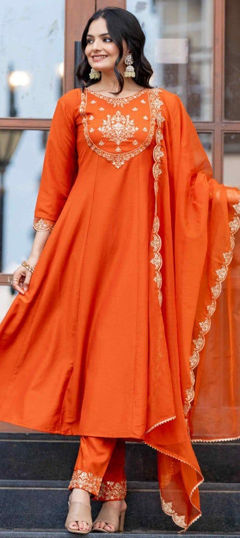 Orange color Salwar Kameez in Silk fabric with Embroidered, Thread, Zari work