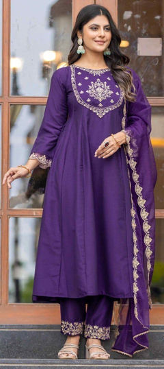 Purple and Violet color Salwar Kameez in Silk fabric with Embroidered, Thread, Zari work