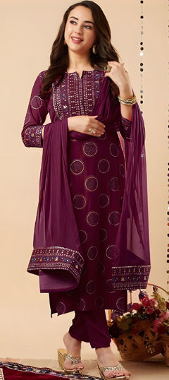 Red and Maroon color Salwar Kameez in Rayon fabric with Foil Print work