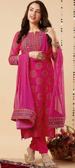 Pink and Majenta color Salwar Kameez in Rayon fabric with Foil Print work